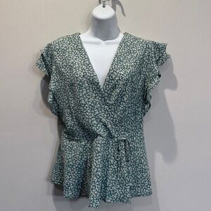 NWT monteau Los Angeles‎ Women's Sage Green Floral Faux Wrap Peplum Top Size XL